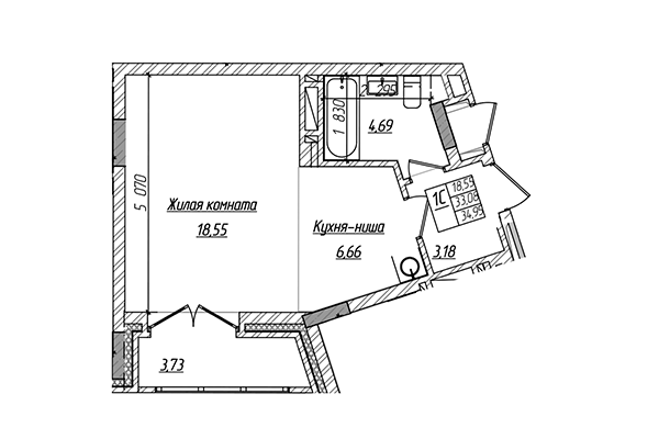 Студия 33,08 м&sup2; в ЖК Чернышевский. Планировка