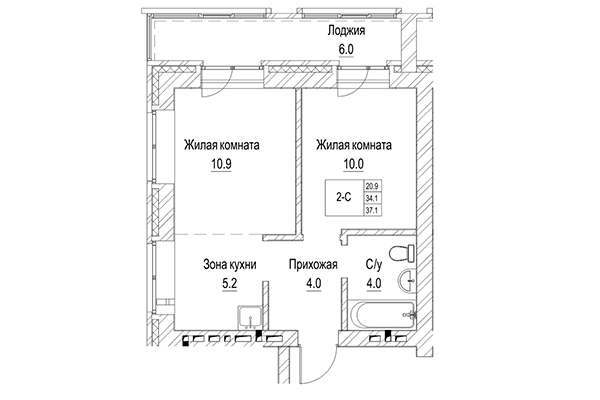 2-комнатная квартира 34,10 м&sup2; в ЖК Чернышевский. Планировка