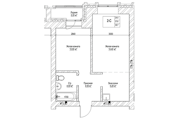 2-комнатная квартира 37,60 м&sup2; в ЖК Чернышевский. Планировка