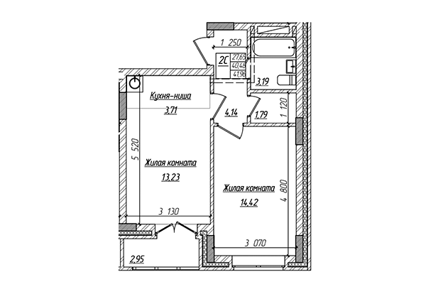 2-комнатная квартира 40,48 м&sup2; в ЖК Чернышевский. Планировка