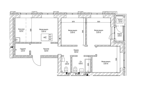 4-комнатная квартира 68,60 м&sup2; в ЖК Чернышевский. Планировка