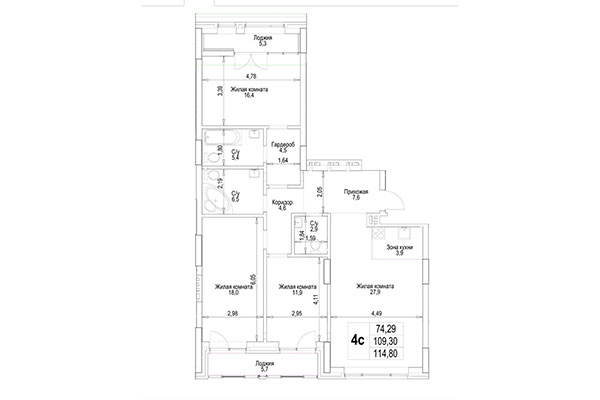 4-комнатная квартира 114,81 м&sup2; в ЖК Гудимов. Планировка