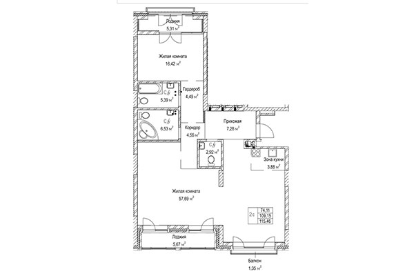 2-комнатная квартира 115,46 м&sup2; в ЖК Гудимов. Планировка