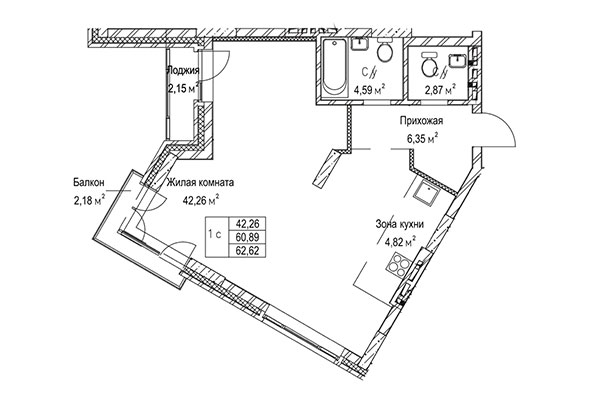 1-комнатная квартира 62,62 м&sup2; в ЖК Гудимов. Планировка