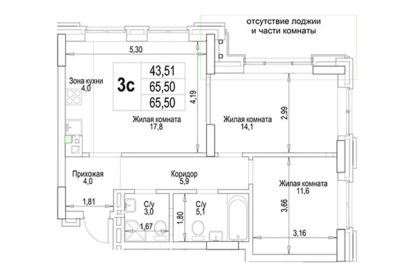 3-комнатная квартира 65,50 м&sup2; в ЖК Гудимов. Планировка
