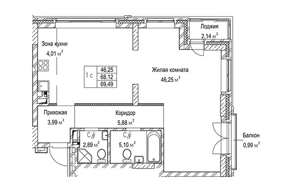 1-комнатная квартира 69,49 м&sup2; в ЖК Гудимов. Планировка