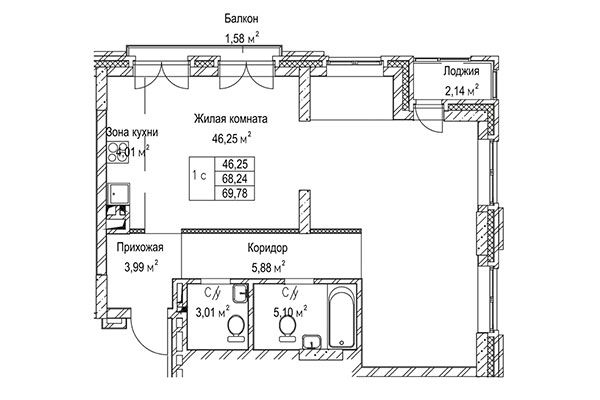 1-комнатная квартира 69,78 м&sup2; в ЖК Гудимов. Планировка