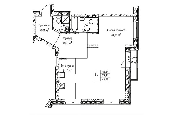 1-комнатная квартира 76,56 м&sup2; в ЖК Гудимов. Планировка