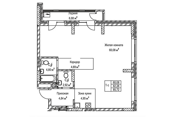 1-комнатная квартира 85,72 м&sup2; в ЖК Гудимов. Планировка