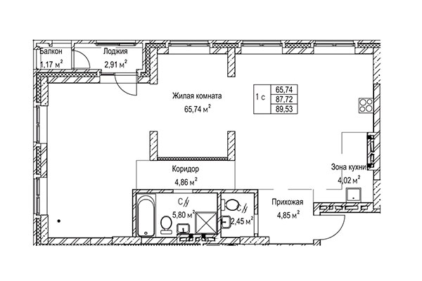 1-комнатная квартира 89,53 м&sup2; в ЖК Гудимов. Планировка