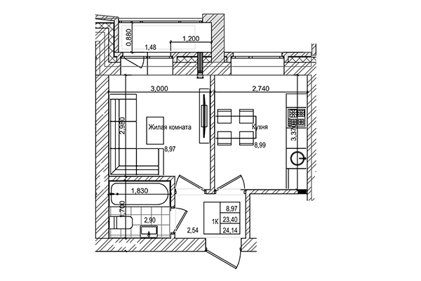 1-комнатная квартира 23,40 м&sup2; в ЖК на Трудовой. Планировка
