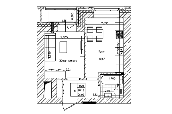1-комнатная квартира 26,12 м&sup2; в ЖК на Трудовой. Планировка