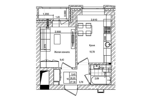 1-комнатная квартира 26,65 м&sup2; в ЖК на Трудовой. Планировка