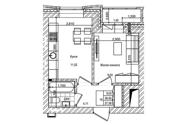 1-комнатная квартира 26,85 м&sup2; в ЖК на Трудовой. Планировка