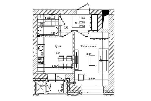 1-комнатная квартира 27,04 м&sup2; в ЖК на Трудовой. Планировка