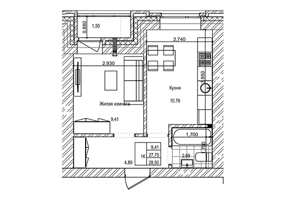 1-комнатная квартира 27,75 м&sup2; в ЖК на Трудовой. Планировка