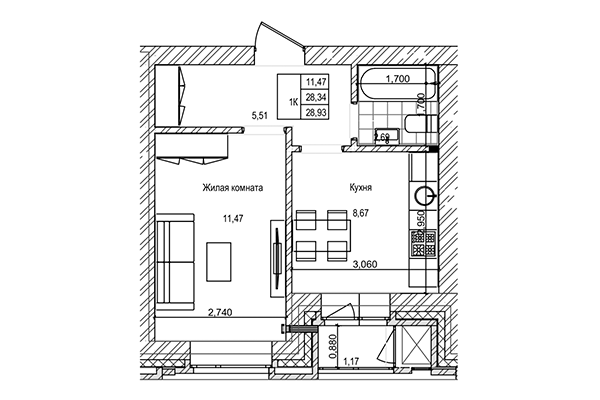1-комнатная квартира 28,34 м&sup2; в ЖК на Трудовой. Планировка