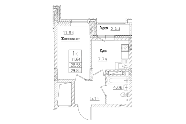1-комнатная квартира 28,58 м&sup2; в ЖК на Покатной. Планировка