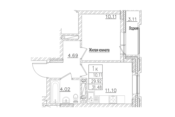 1-комнатная квартира 29,92 м&sup2; в ЖК на Покатной. Планировка