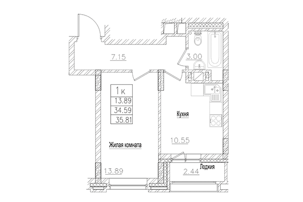 1-комнатная квартира 34,59 м&sup2; в ЖК на Покатной. Планировка