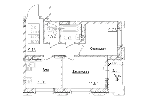 2-комнатная квартира 44,23 м&sup2; в ЖК на Покатной. Планировка