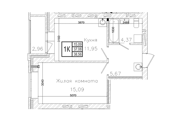 1-комнатная квартира 37,08 м&sup2; в ЖК на Шоссейной. Планировка