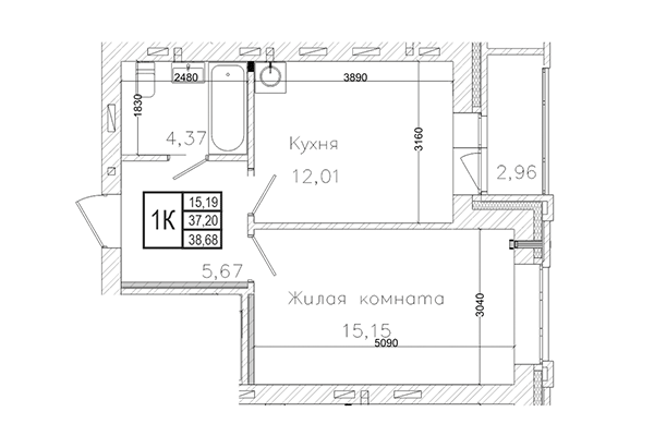 1-комнатная квартира 37,20 м&sup2; в ЖК на Шоссейной. Планировка