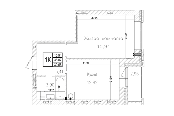 1-комнатная квартира 38,07 м&sup2; в ЖК на Шоссейной. Планировка