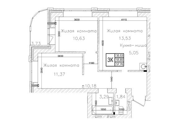 3-комнатная квартира 55,89 м&sup2; в ЖК на Шоссейной. Планировка