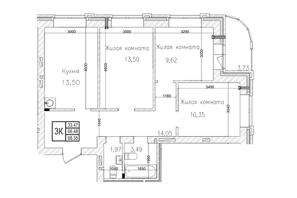 3-комнатная квартира 66,48 м&sup2; в ЖК на Шоссейной. Планировка