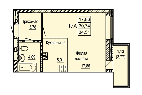 Студия 34,51 м&sup2; в ЖК Ленинград. Планировка