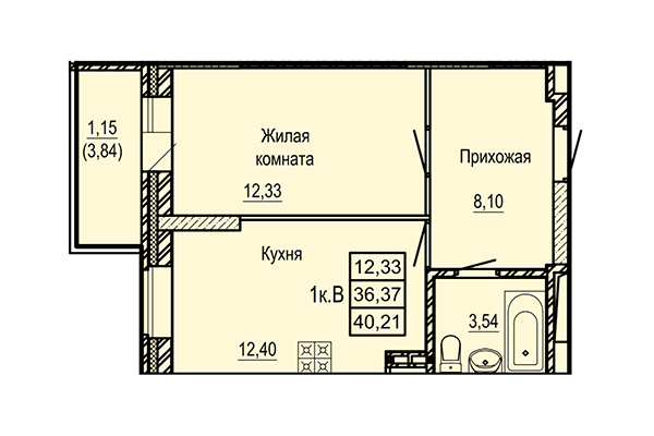 1-комнатная квартира 40,21 м&sup2; в ЖК Ленинград. Планировка