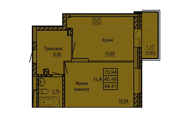 1-комнатная квартира 44,41 м&sup2; в ЖК Ленинград. Планировка