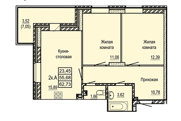 2-комнатная квартира 62,73 м&sup2; в ЖК Ленинград. Планировка