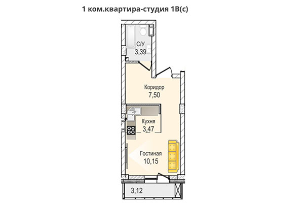 Студия 25,90 м&sup2; в ЖК КрымSKY. Планировка