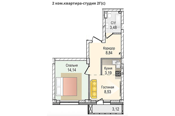 2-комнатная квартира 38,18 м&sup2; в ЖК КрымSKY. Планировка