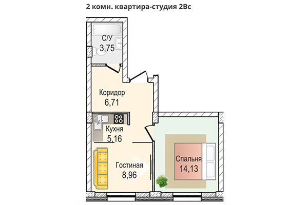 2-комнатная квартира 38,71 м&sup2; в ЖК КрымSKY. Планировка