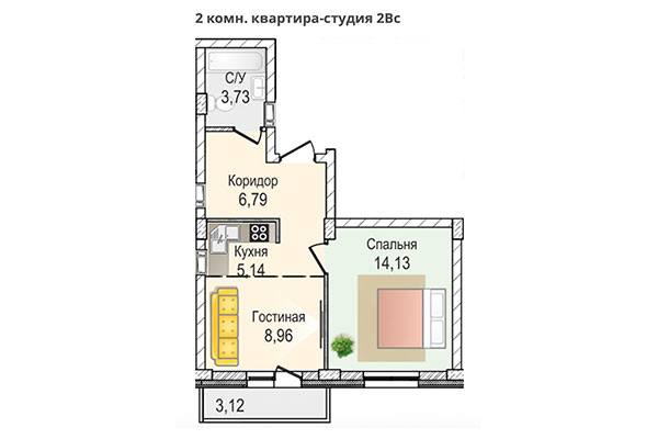 2-комнатная квартира 38,75 м&sup2; в ЖК КрымSKY. Планировка
