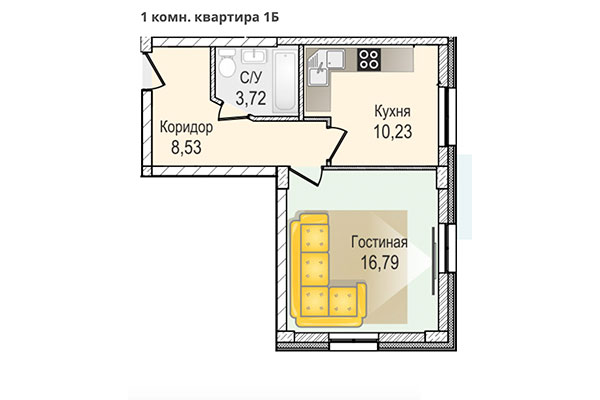 1-комнатная квартира 39,00 м&sup2; в ЖК КрымSKY. Планировка