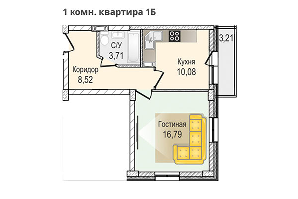 1-комнатная квартира 39,22 м&sup2; в ЖК КрымSKY. Планировка
