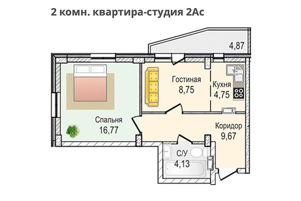 2-комнатная квартира 44,07 м&sup2; в ЖК КрымSKY. Планировка