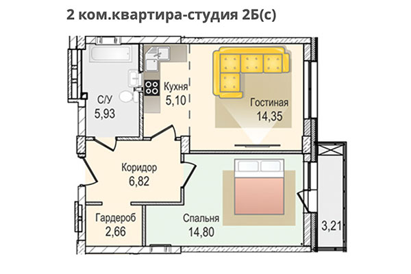 2-комнатная квартира 49,66 м&sup2; в ЖК КрымSKY. Планировка