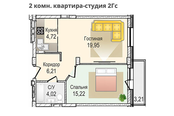 2-комнатная квартира 50,12 м&sup2; в ЖК КрымSKY. Планировка