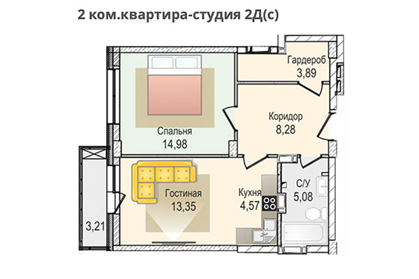 2-комнатная квартира 50,15 м&sup2; в ЖК КрымSKY. Планировка