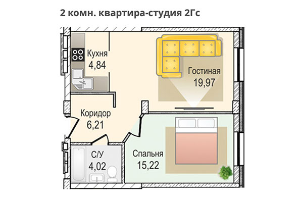 2-комнатная квартира 50,26 м&sup2; в ЖК КрымSKY. Планировка