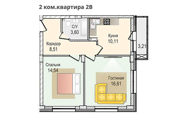2-комнатная квартира 53,37 м&sup2; в ЖК КрымSKY. Планировка