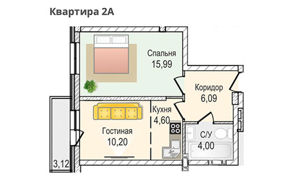 2-комнатная квартира 55,15 м&sup2; в ЖК КрымSKY. Планировка
