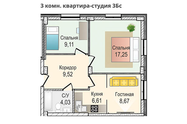 3-комнатная квартира 55,19 м&sup2; в ЖК КрымSKY. Планировка