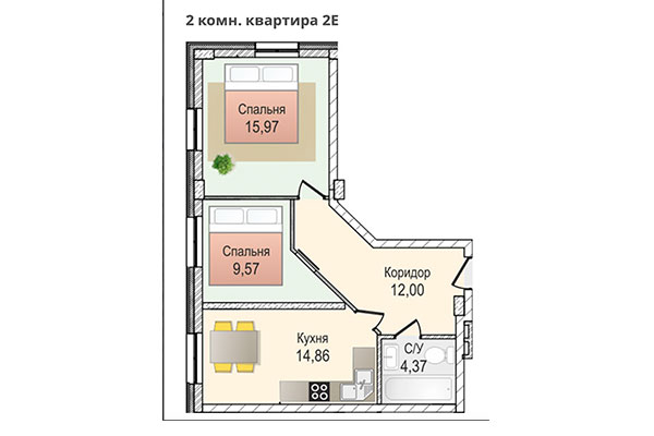 2-комнатная квартира 56,77 м&sup2; в ЖК КрымSKY. Планировка