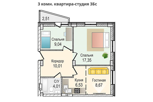 3-комнатная квартира 58,12 м&sup2; в ЖК КрымSKY. Планировка